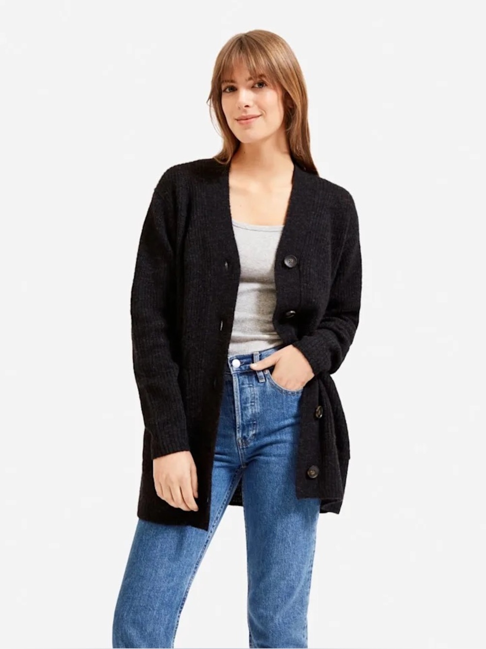 Everlane Black Wool Long Button-Up Cardigan